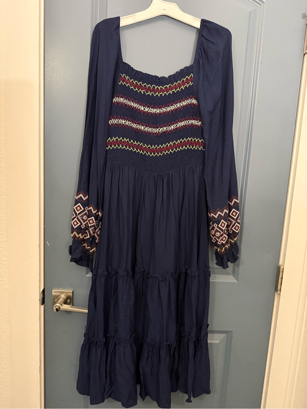 Navy Smocked Maxi Dress with Embroidered Sleeves